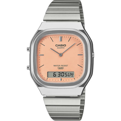 Casio Vintage AQ-240E-4AEF (lägg gtin) analog unisexklocka med orange urtavla och armband i rostfritt stål
