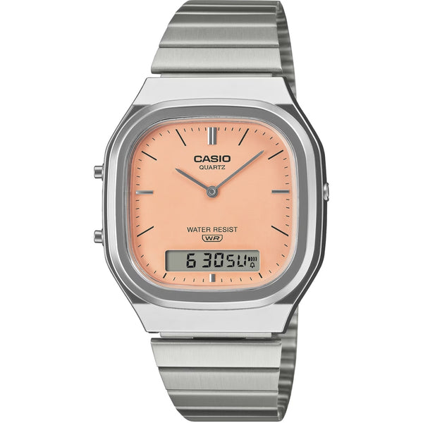 Casio Vintage AQ-240E-4AEF (lägg gtin) analog unisexklocka med orange urtavla och armband i rostfritt stål