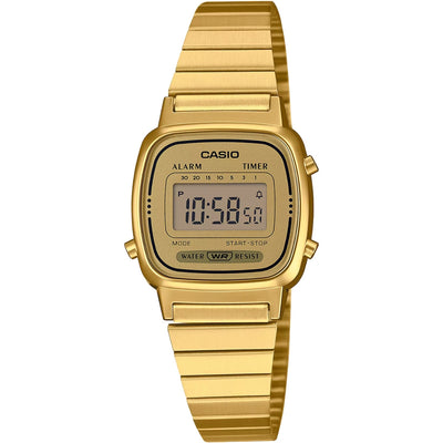Casio Vintage LA670WEGA-9EF digital damklocka med guld urtavla och armband i rostfritt stål