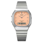 Casio Vintage AQ-240E-4AEF (lägg gtin) analog unisexklocka med orange urtavla och armband i rostfritt stål