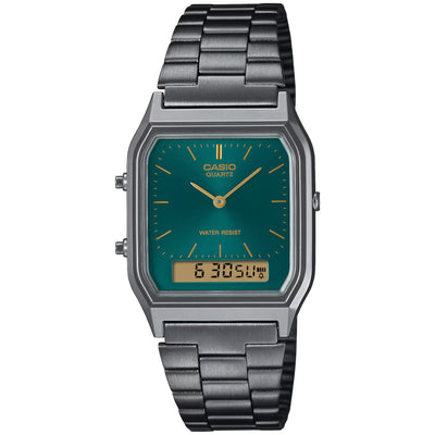 Casio Vintage AQ-230EGG-3AEF ana-digi herrklocka med grön urtavla och armband i rostfritt stål