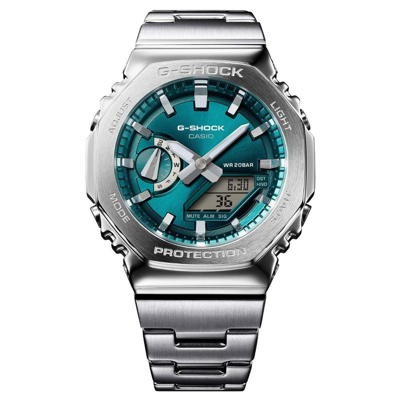 Casio G-Shock GM-2110D-3A1ER analog herrklocka med grön urtavla och armband i rostfritt stål