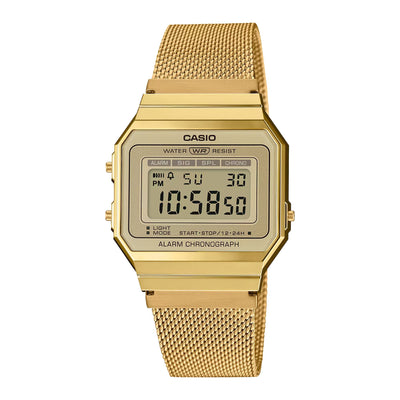 Casio Vintage A700WEMG-9AEF digital damklocka med guld urtavla och armband i rostfritt stål