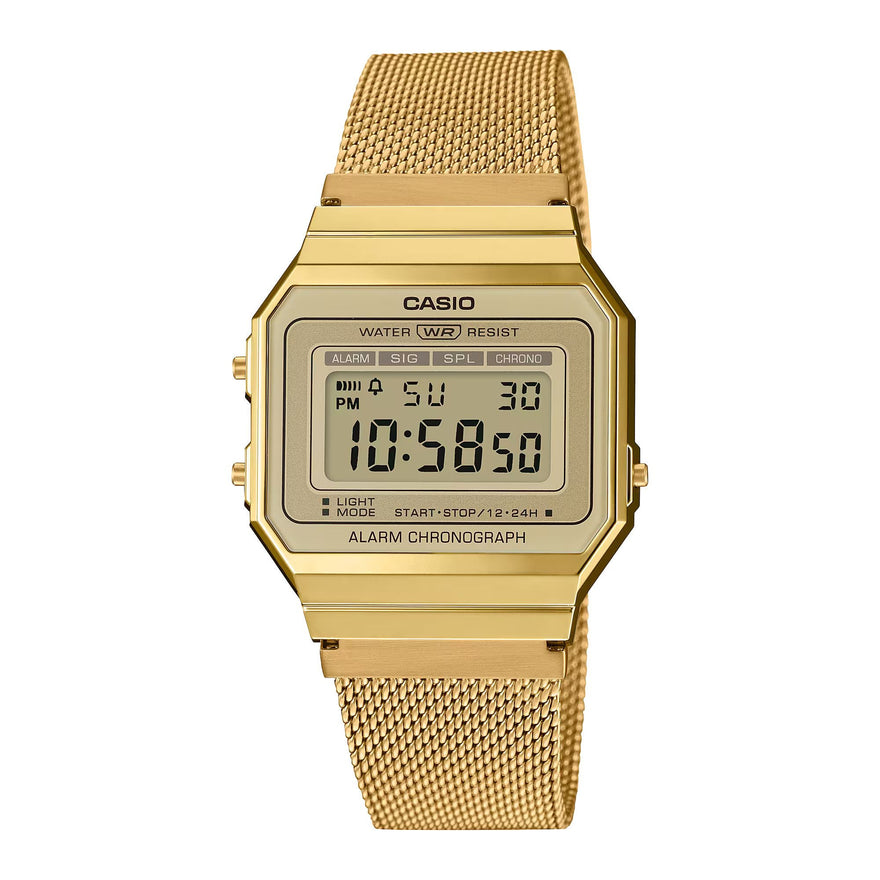 Casio Vintage A700WEMG-9AEF digital damklocka med guld urtavla och armband i rostfritt stål