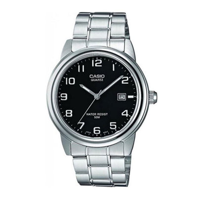Casio Timeless MTP-1221A-1AVEG analog herrklocka med svart urtavla och armband i rostfritt stål