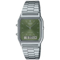 Casio Vintage AQ-230A-3AMQYES ana-digi unisexklocka med grön urtavla och armband i rostfritt stål