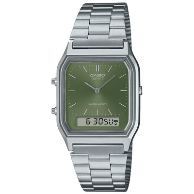 Casio Vintage AQ-230A-3AMQYES ana-digi unisexklocka med grön urtavla och armband i rostfritt stål
