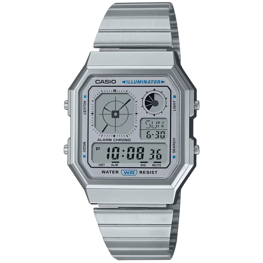 Casio Vintage A130WE-7AEF digital unisexklocka med silver urtavla och armband i rostfritt stål