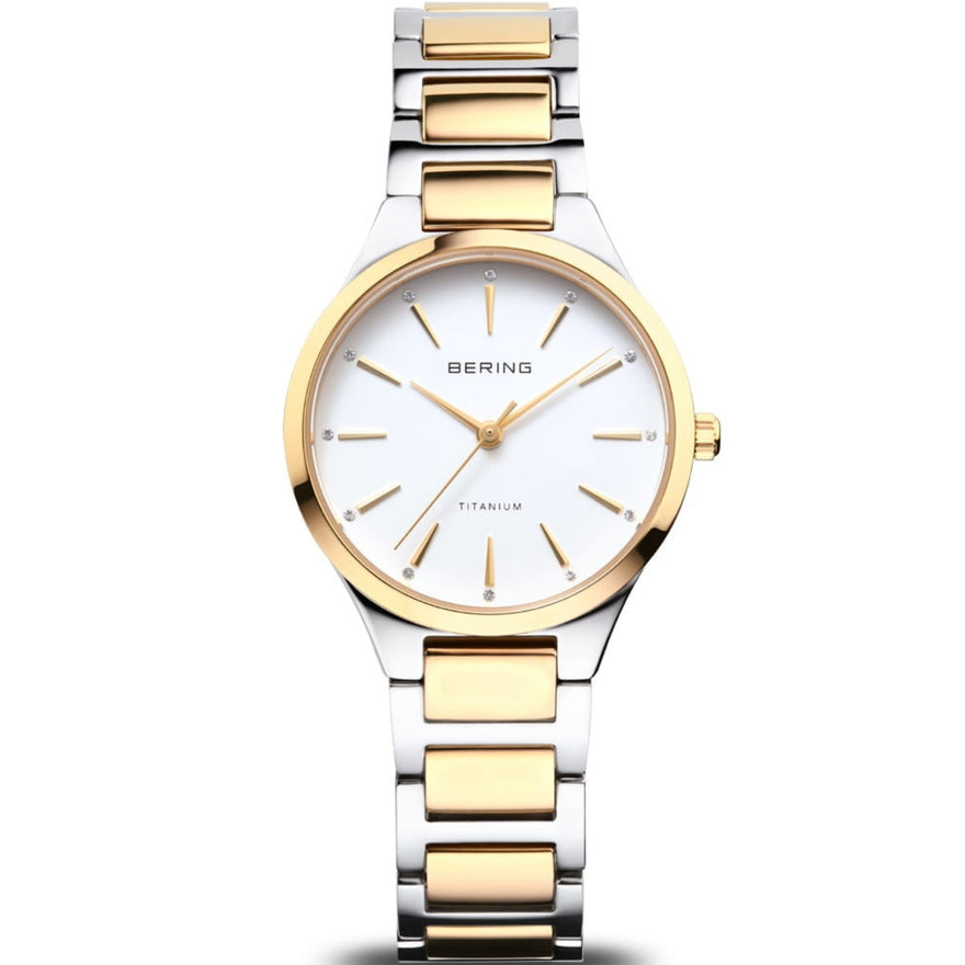 Bering Titanium 15630-701 analog damklocka med vit urtavla och armband i titan