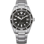 Citizen Automatic NJ0221-50E analog herrklocka med svart urtavla och armband i rostfritt stål