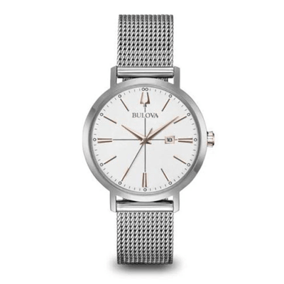 Bulova Donna 98M131 analog damklocka med vit urtavla och armband i rostfritt stål