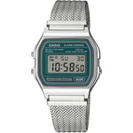 Casio Vintage A158WEM-3EF digital unisexklocka med grön urtavla och armband i rostfritt stål
