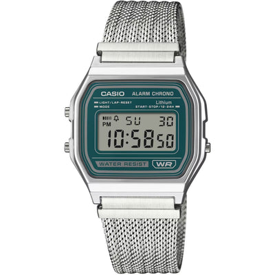 Casio Vintage A158WEM-3EF digital unisexklocka med grön urtavla och armband i rostfritt stål