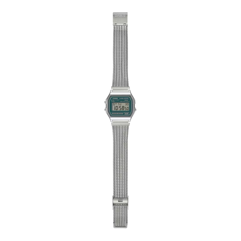 Casio Vintage A158WEM-3EF digital unisexklocka med grön urtavla och armband i rostfritt stål