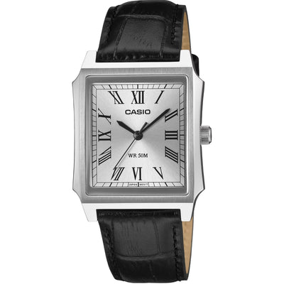 Casio Timeless MTP-B190L-7BVER analog herrklocka med silver urtavla och armband i läder