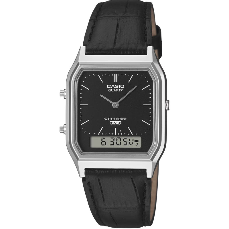 Casio Vintage AQ-230EL-1AEF analog herrklocka med svart urtavla och armband i läder