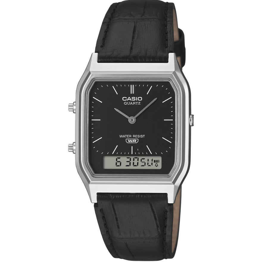 Casio Vintage AQ-230EL-1AEF analog herrklocka med svart urtavla och armband i läder