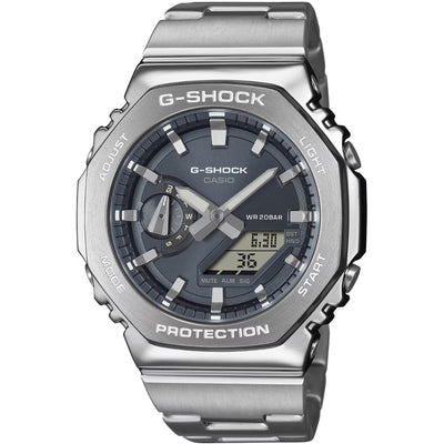 Casio G-Shock GM-2110D-8AER analog herrklocka med blå urtavla och armband i rostfritt stål
