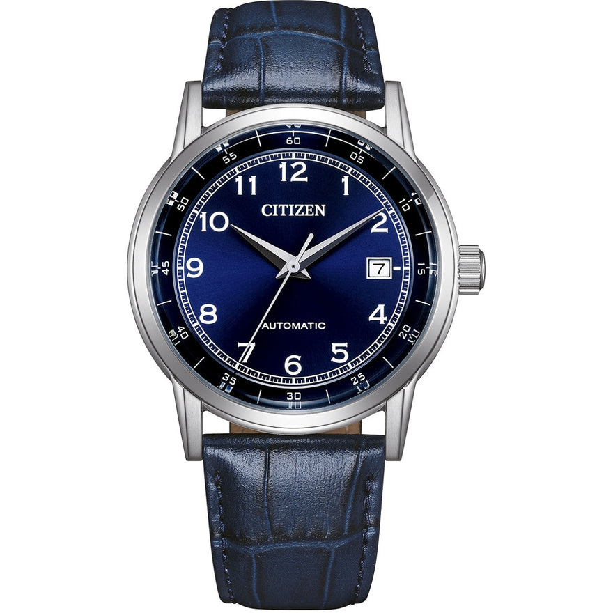 Citizen Automatic NJ0210-13L analog herrklocka med blå urtavla och armband i läder