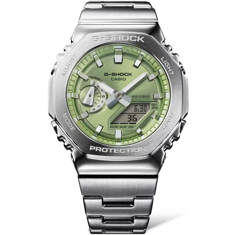 Casio G-Shock G-Steel GM-2110D-3AER ana-digi herrklocka med grön urtavla och armband i rostfritt stål