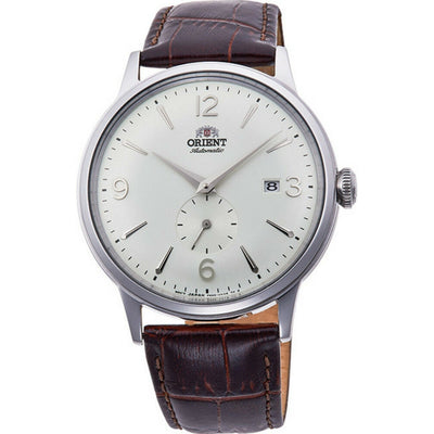 Orient Bambino RA-AP0002S30B analog herrklocka med vit urtavla och armband i läder