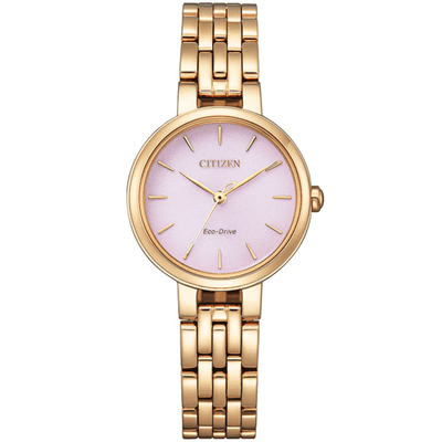 Citizen Eco Drive EM0993-82X analog damklocka med rosa urtavla och armband i rostfritt stål