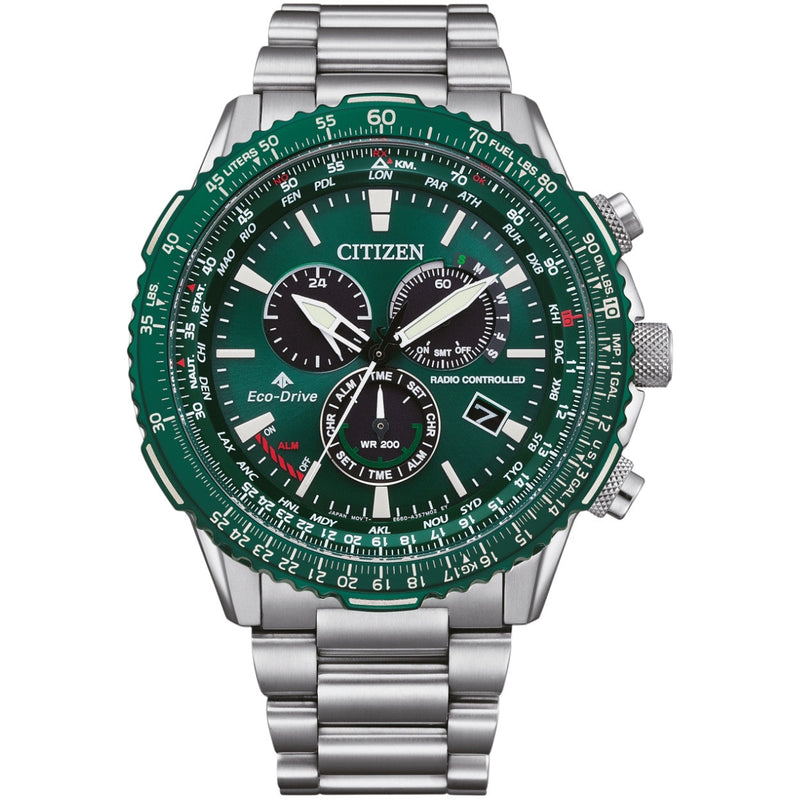 Citizen  Promaster Eco-Drive Radio Controlled Herrklocka CB5004-59W analog herrklocka med grön urtavla och armband i rostfritt stål