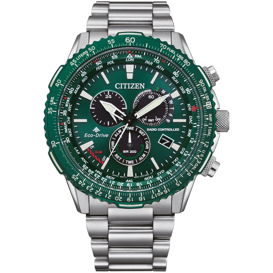 Citizen  Promaster Eco-Drive Radio Controlled Herrklocka CB5004-59W analog herrklocka med grön urtavla och armband i rostfritt stål