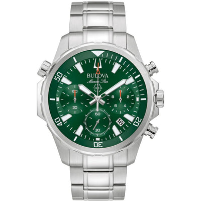 Bulova Marine Star 96B396 analog herrklocka med grön urtavla och armband i rostfritt stål