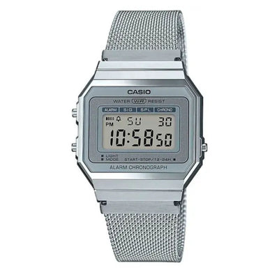 Casio Vintage A700WEM-7AEF digital unisexklocka med silver urtavla och armband i rostfritt stål