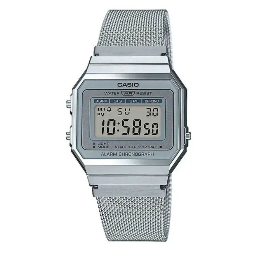 Casio Vintage A700WEM-7AEF digital unisexklocka med silver urtavla och armband i rostfritt stål