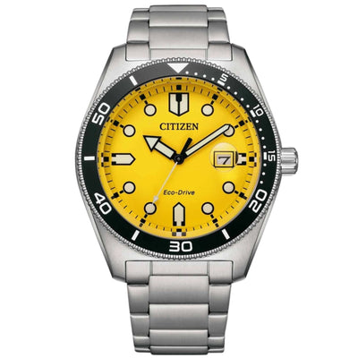 Citizen Marine Eco-Drive AW1760-81Z analog herrklocka med gul urtavla och armband i rostfritt stål