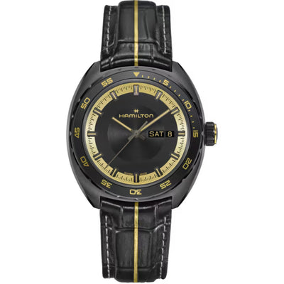 Hamilton Pan Europ Resident Evil Requiem H35455730 analog herrklocka med flerfärgad urtavla och armband i läder