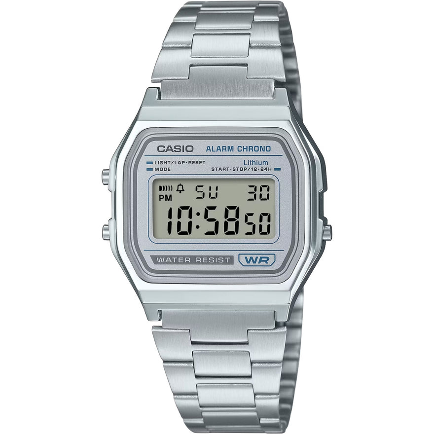 Casio Vintage A158WEA-7EF digital unisexklocka med silver urtavla och armband i rostfritt stål
