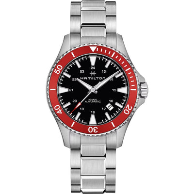 Hamilton Khaki Navy Scuba Auto H82405130 analog herrklocka med svart urtavla och armband i rostfritt stål