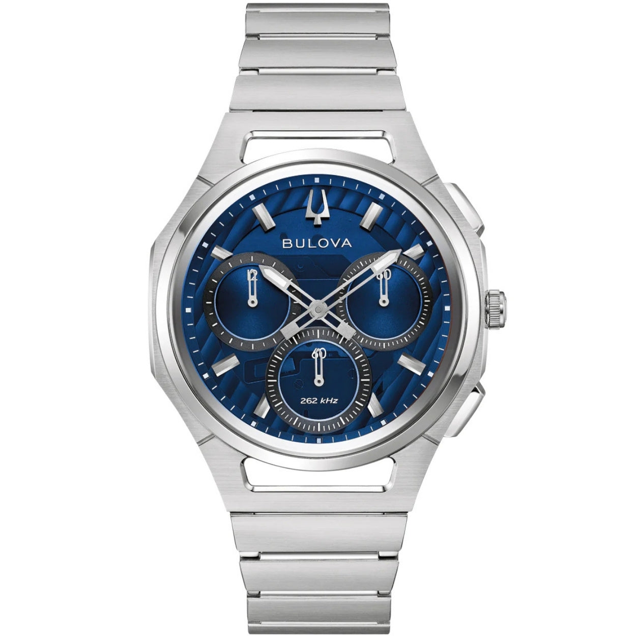 Bulova Curv 96A339 analog herrklocka med blå urtavla och armband i rostfritt stål