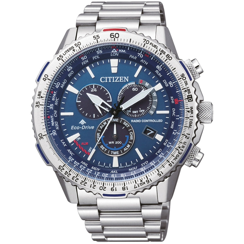 Citizen Promaster Sky Pilot CB5000-50L analog herrklocka med blå urtavla och armband i rostfritt stål