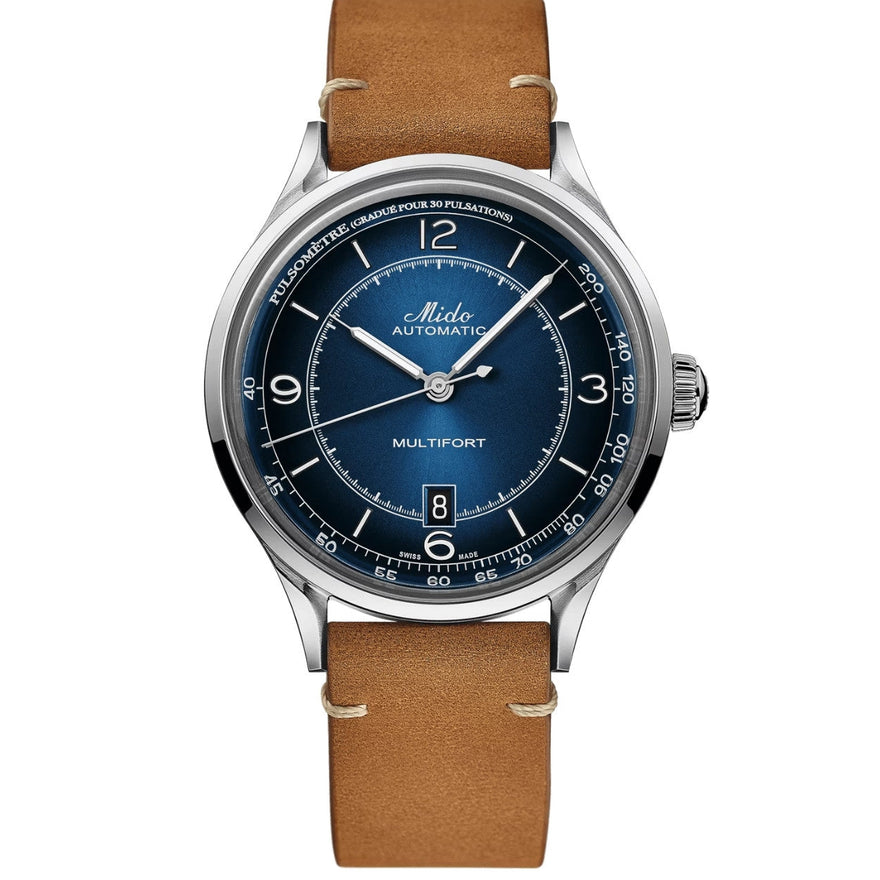 Mido Multifort Patrimony M040.407.16.040.00 analog herrklocka med blå urtavla och armband i läder