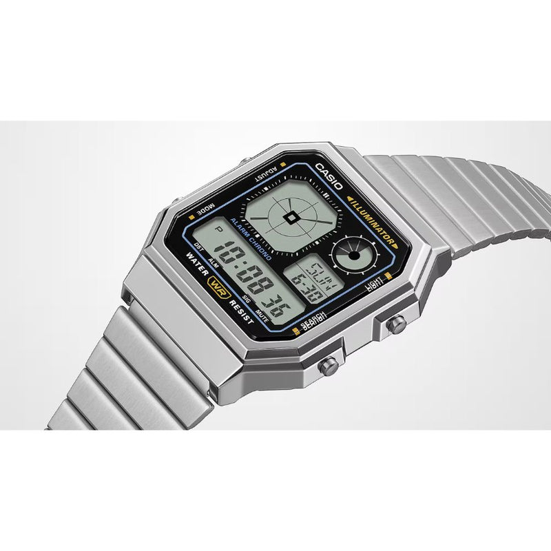 Casio Vintage A130WE-7AEF digital unisexklocka med silver urtavla och armband i rostfritt stål