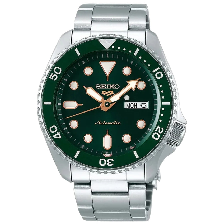 SEIKO 5 Sports SRPD63K1 analog herrklocka med grön urtavla och armband i rostfritt stål