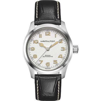 Hamilton Khaki Field Murph H70405710 analog herrklocka med vit urtavla och armband i skinn
