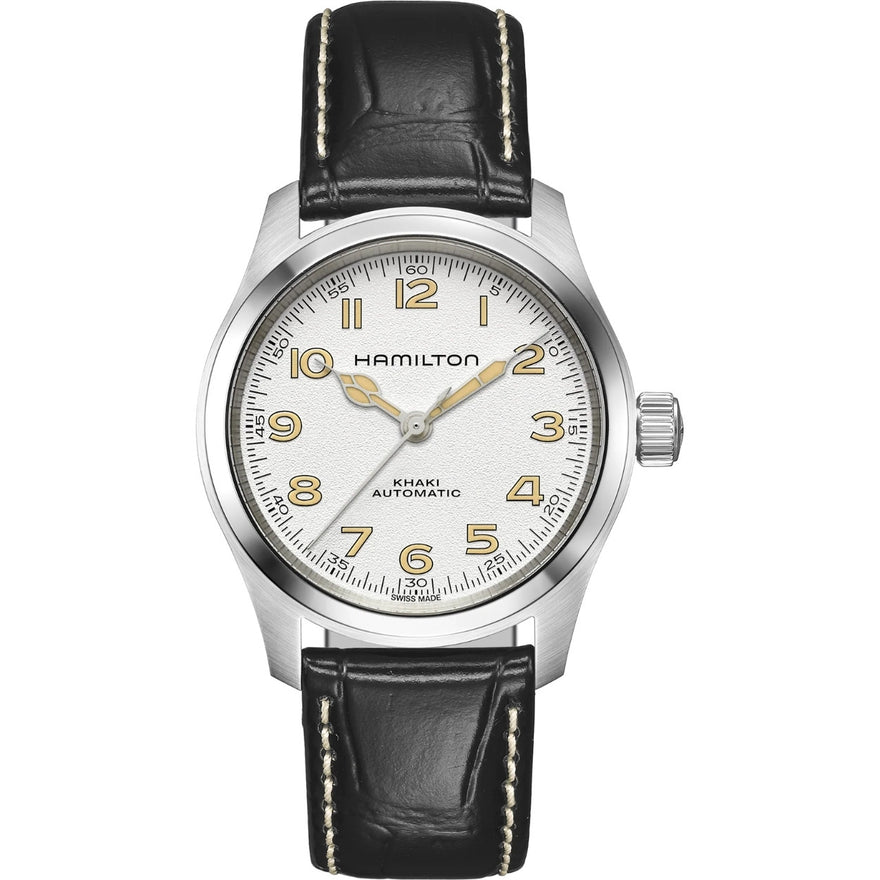 Hamilton Khaki Field Murph H70405710 analog herrklocka med vit urtavla och armband i skinn