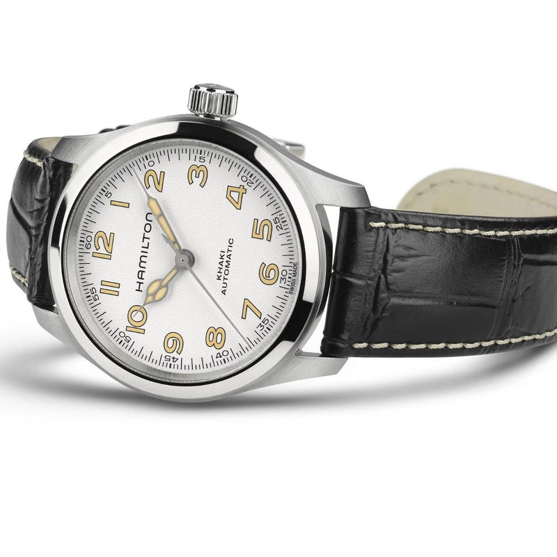 Hamilton Khaki Field Murph H70405710 analog herrklocka med vit urtavla och armband i skinn