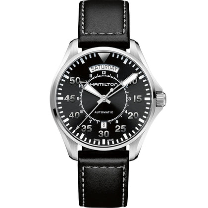 Hamilton Khaki Aviation Pilot Day Date Auto H64615735 analog herrklocka med svart urtavla och armband i läder