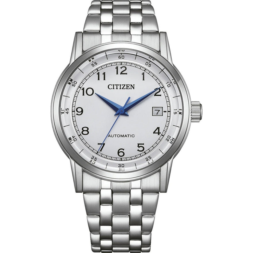 Citizen Automatic Mechanical NJ0210-56A analog herrklocka med vit urtavla och armband i rostfritt stål