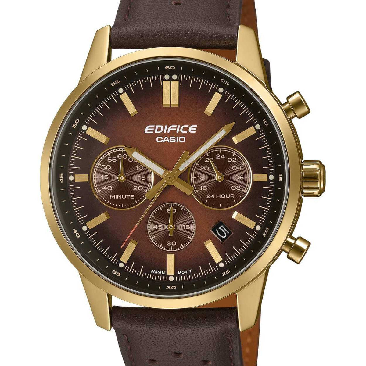 Casio Edifice Chronograph EFR-575CL-5AEF analog herrklocka med brun urtavla och armband i läder
