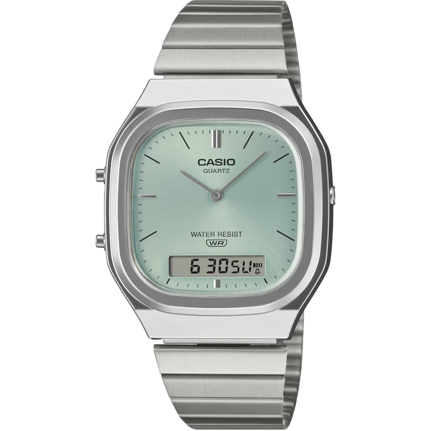 Casio Vintage AQ-240E-2AEF analog unisexklocka med grön urtavla och armband i rostfritt stål