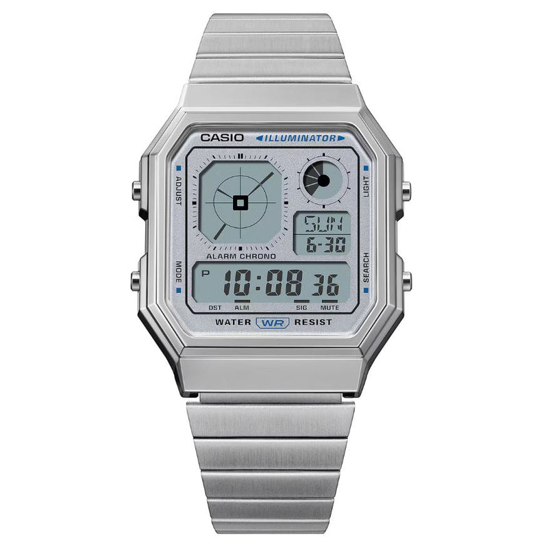 Casio Vintage A130WE-7AEF digital unisexklocka med silver urtavla och armband i rostfritt stål