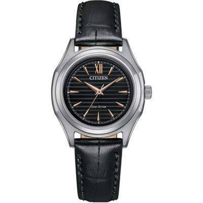 Citizen Eco-Drive FE2110-14E analog damklocka med svart urtavla och armband i läder