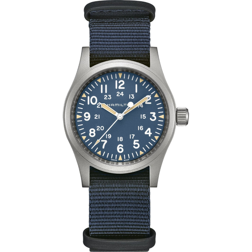 Hamilton Khaki Field Mechanical H69439940 analog herrklocka med blå urtavla och armband i rostfritt stål